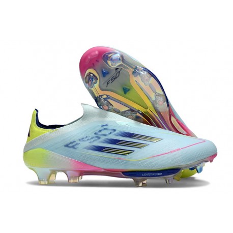 Crampons adidas F50+ Laceless FG Bleu Très Pâle Semi Bleu Lucide Jaune Semi Solaire